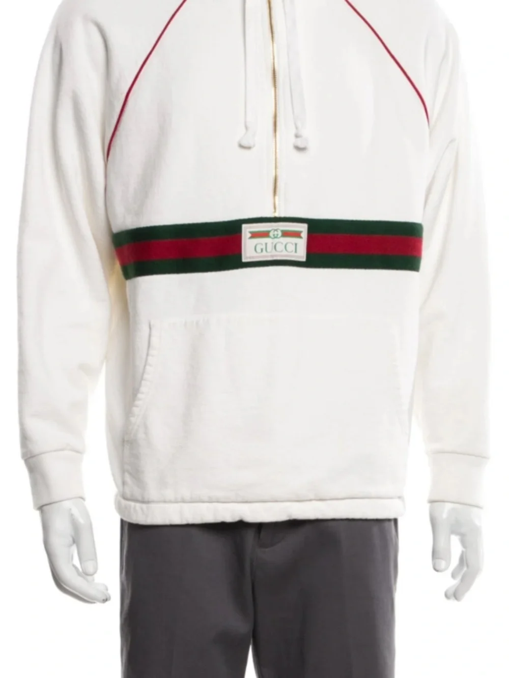 Men's Gucci cotton half zip hoodie signature green/red web trim gold size XXL